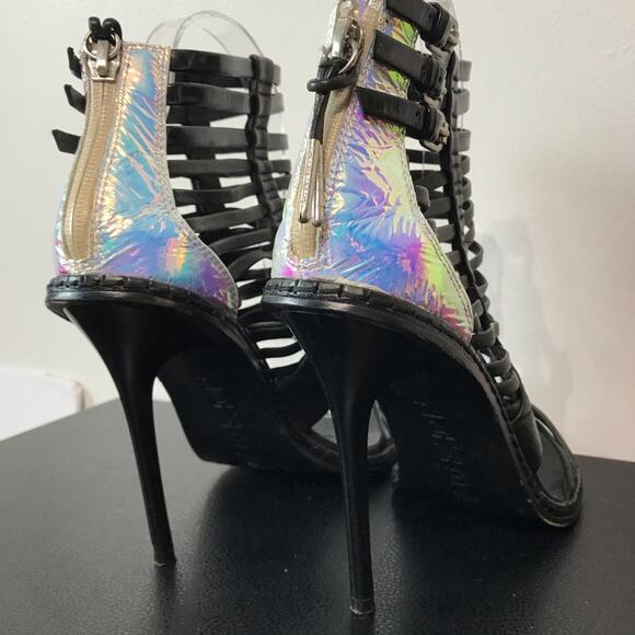 LAMB AB Rainbow Reflective Black Leather Cage Strappy High Heeled Sandals 7.5 - Picture 10 of 16